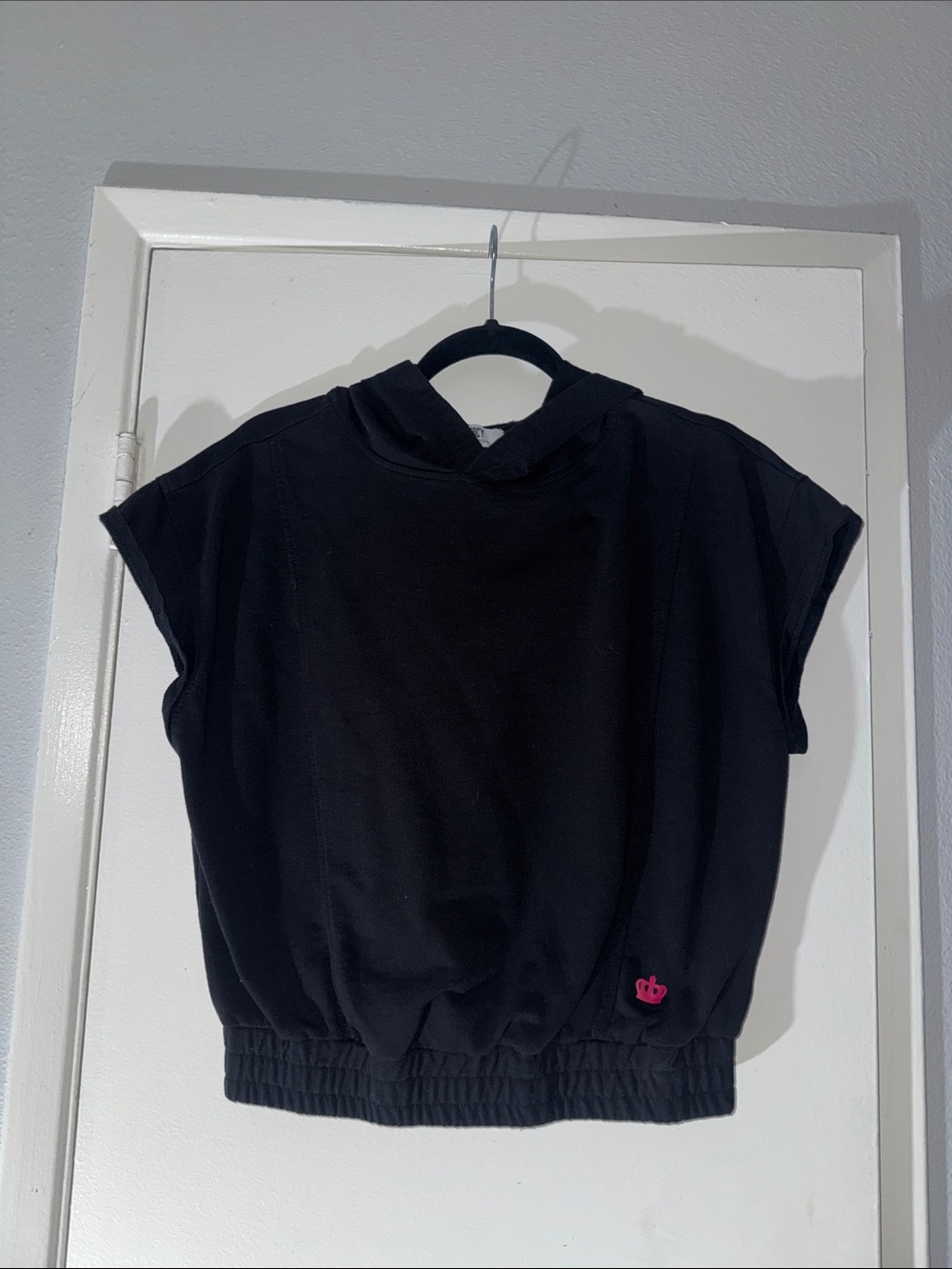 Girls' juicy Black Short Sleeve Hoodie Top - Casual Elastic Hem